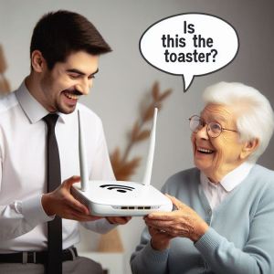 Senior holds router upside down while tech guy gently flips it right-side up with a chuckle.