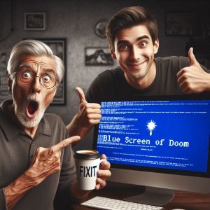 Senior dramatically points at a blue screen while calm tech guy sips coffee and smiles.