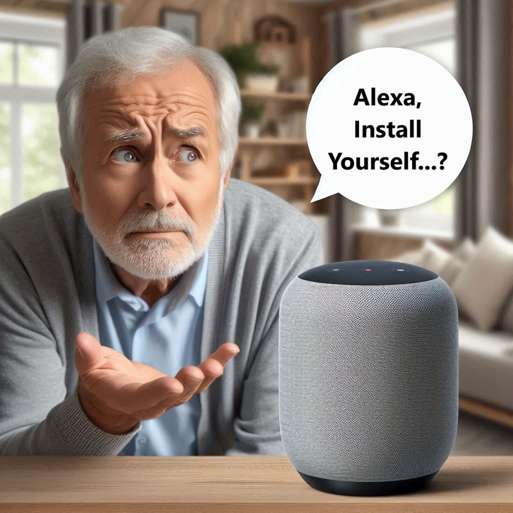 A confused middle-aged person asking Alexa a question, with a puzzled look and hand gestures.