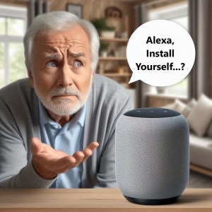A confused middle-aged person asking Alexa a question, with a puzzled look and hand gestures.