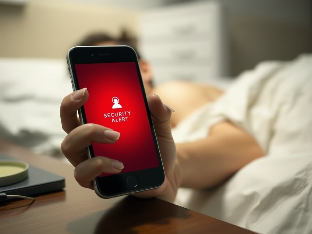 Funny cartoon of a phone blaring a 3AM leak alert while the homeowner panics in pajamas