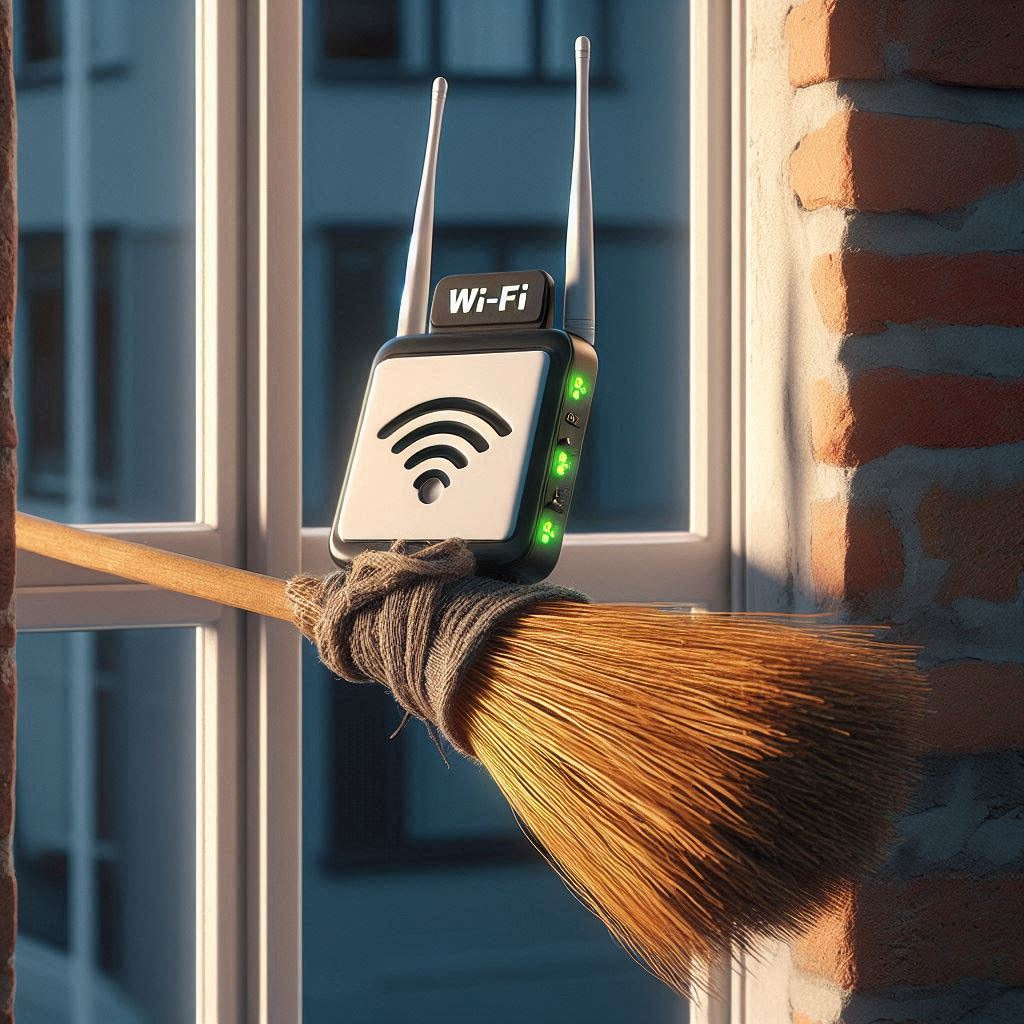 A Wi-Fi modem duct-taped to a broomstick sticking out a window, attempting to get a better signal.