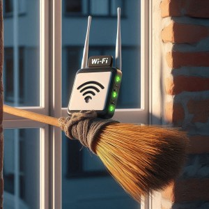 A Wi-Fi modem duct-taped to a broomstick sticking out a window, attempting to get a better signal.