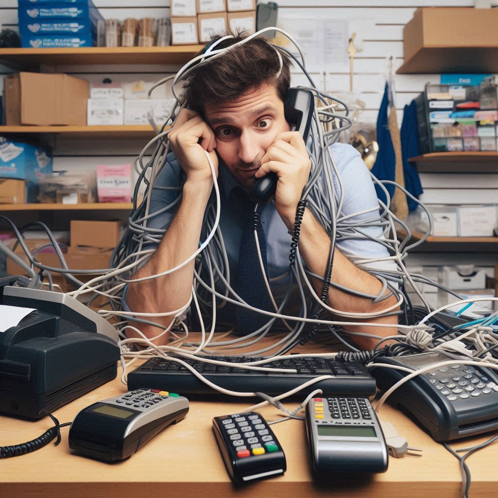 A stressed-out business owner sitting on the floor tangled in computer cables and power cords.