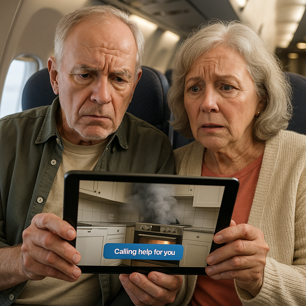 A senior couple sitting on an airplane looks worried as they view a tablet showing a smoking oven with a “Calling help for you” alert. Their expressions reflect concern as they react to the home emergency remotely.