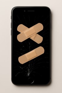 A cracked smartphone covered in Band-Aids, symbolizing a DIY attempt at tech repair.