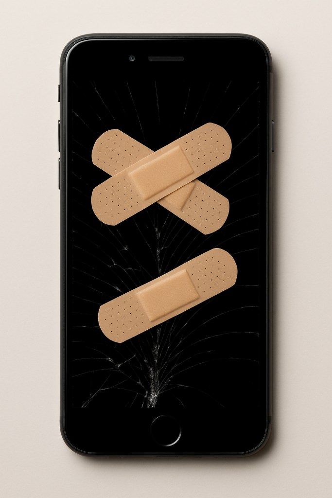 A cracked smartphone covered in Band-Aids, symbolizing a DIY attempt at tech repair.