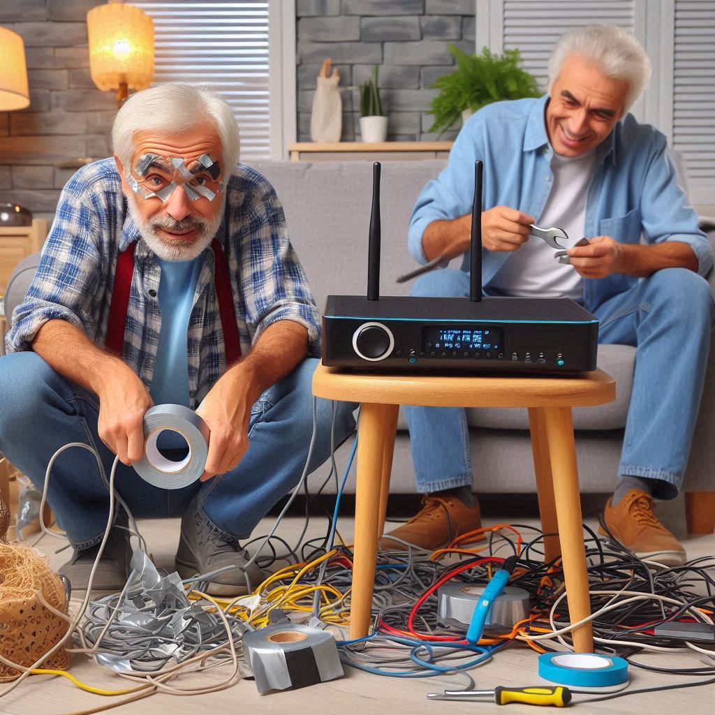 A Wi-Fi router haphazardly held together with duct tape and hope.