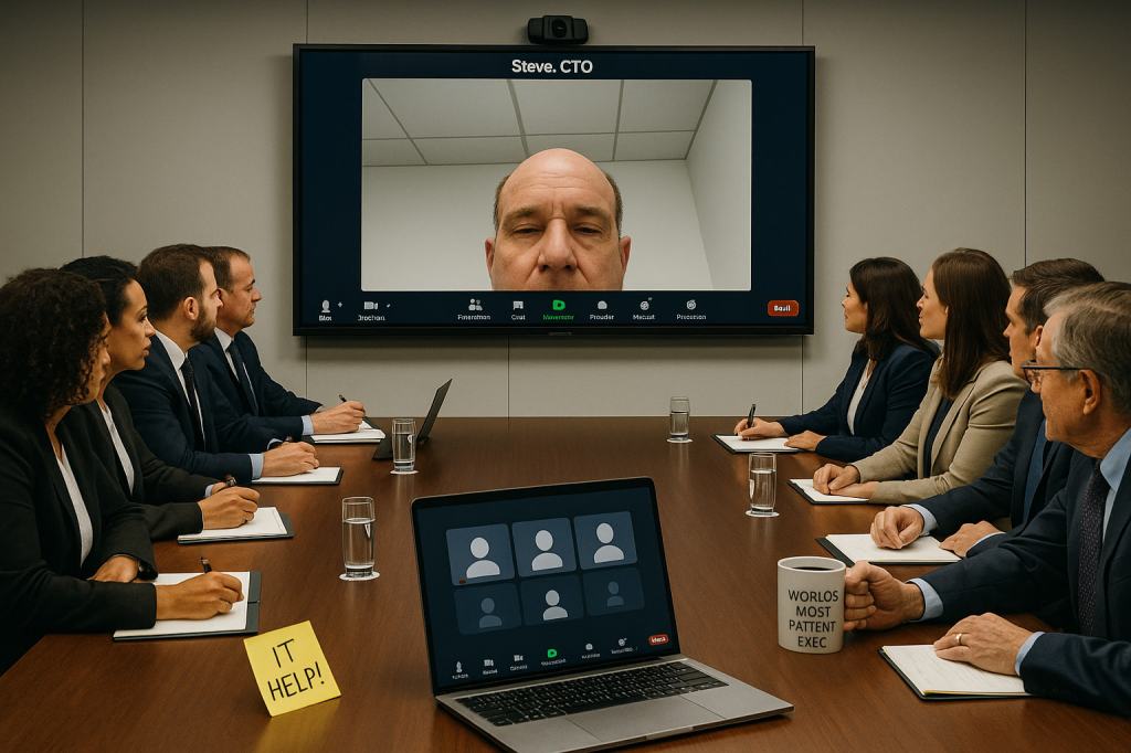 A boardroom full of executives watches a Zoom call showing only the top half of a man’s head and the ceiling.