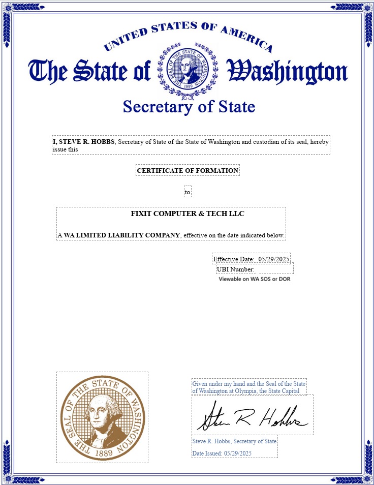 FixIT computer & Tech official Washington State LLC certification document for 2025
