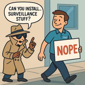 Cartoon of a shady character in a trench coat asking a FixIT tech to install spy gear, while the tech walks away holding a sign that says "NOPE."