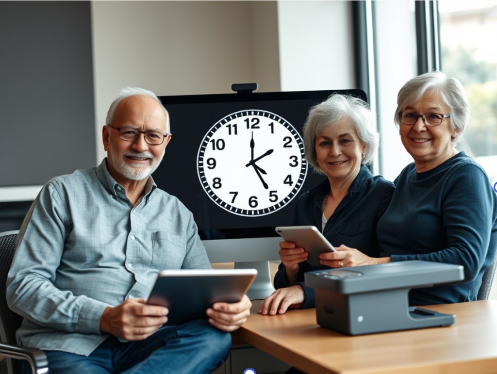 Three senior citizens standing in front of a whimsical clock with many hands, symbolizing constant, around-the-clock protection by FixIT’s monthly tech support plans.