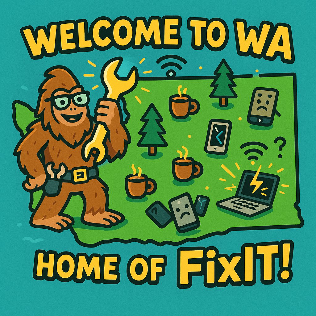 Cartoon-style map of Washington State featuring a nerdy Sasquatch holding a glowing wrench on the Olympic Peninsula, representing FixIT Tech Support and Computer Repair in Port Angeles. Surrounded by laptops, coffee cups, and evergreen trees, the image welcomes locals to fast, friendly tech help near them.
