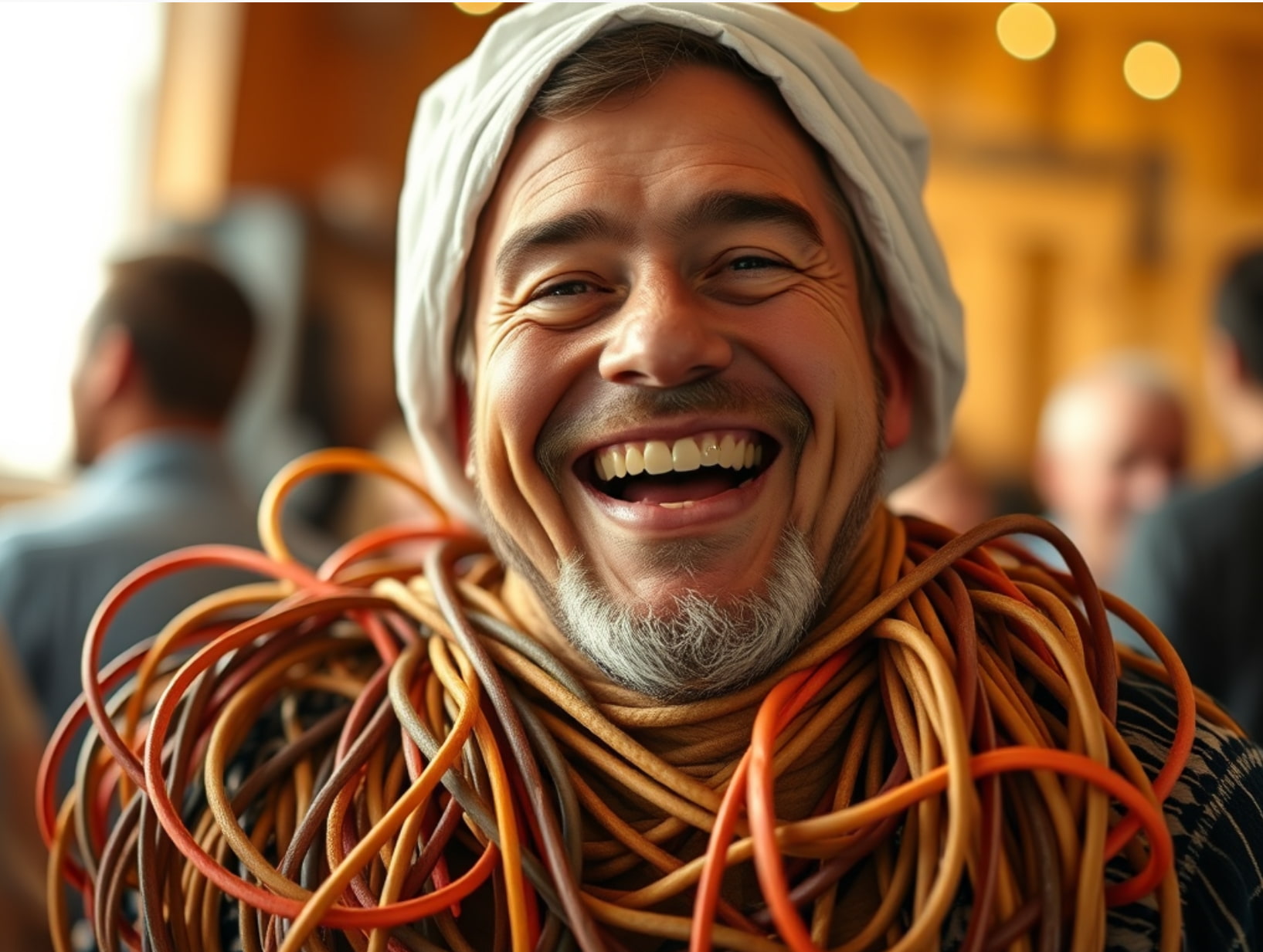 Silly photo of a man overwhelmed and frustrated by tech problems, with cords wrapped around his neck and shoulders as he struggles to fix his electronics.