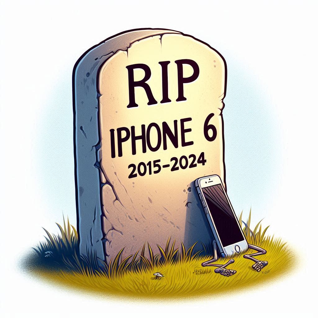 A tombstone in a grassy yard with “RIP iPhone 6” engraved on it, surrounded by flowers.