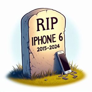 A tombstone in a grassy yard with “RIP iPhone 6” engraved on it, surrounded by flowers.