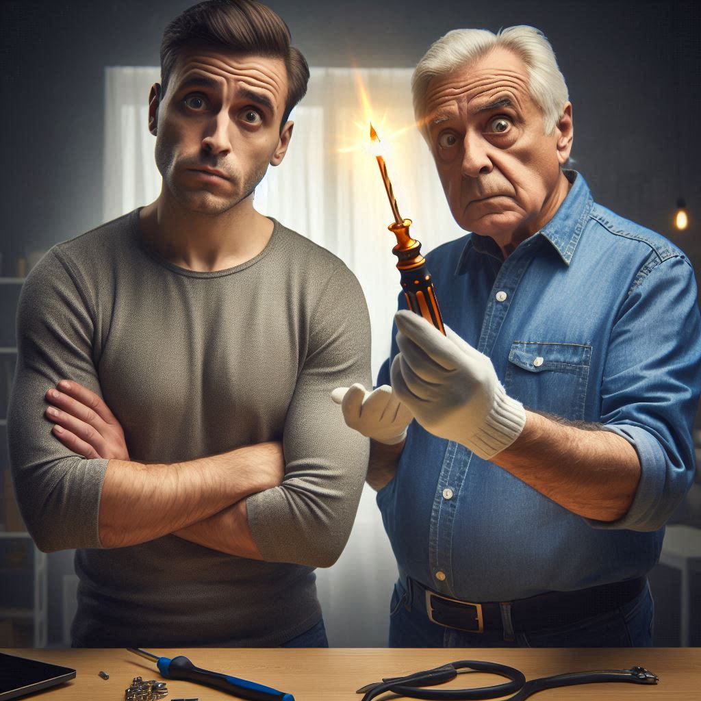 A curious customer leaning in and asking a man with a screwdriver if he runs the whole tech shop alone.