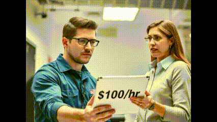 Woman looking shocked or surprised while holding a printed quote showing expensive computer repair hourly rates from a competitor.