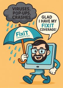 Animated computer in a storm holding a FixIT Computer & Tech umbrella, shielding itself from pop-ups, viruses, and crashes.