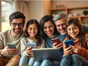 A family of five sitting together, each using their smartphone, representing the shared device coverage and convenience of FixIT’s Family Plan.