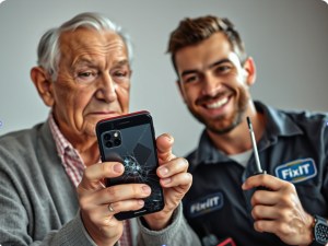 Senior hands a broken phone to a smiling tech guy with dark hair holding a small screwdriver.