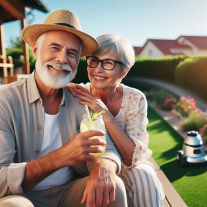 Senior couple relaxing on a porch with a robot lawnmower in the yard with a glass of lemonade and a smart sprinkler misting flowers nearby.