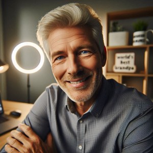 Senior man sitting at a home desk with a webcam and ring light, shelves and “World’s Best Grandpa” mug behind him.