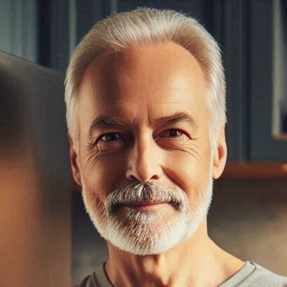 Senior man in a kitchen near a smart fridge, holding a phone showing appliance controls.