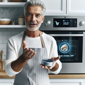 Senior man in a kitchen using a voice assistant while a smart oven preheats.
