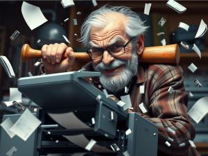 Senior gentleman angrily hitting a printer with a bat, pieces flying everywhere, illustrating tech frustration and the need for professional repair.