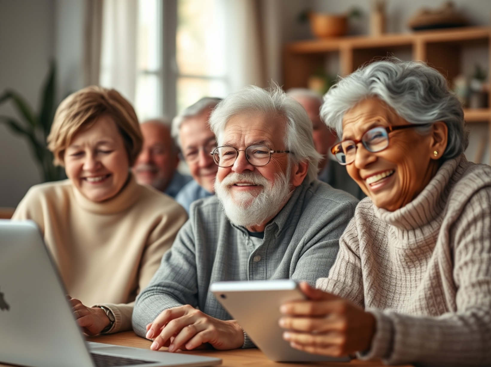Group of senior citizens attending a technology class, learning how to use smartphones, tablets, and computers with the help of a friendly instructor as part of a monthly tech support plan.