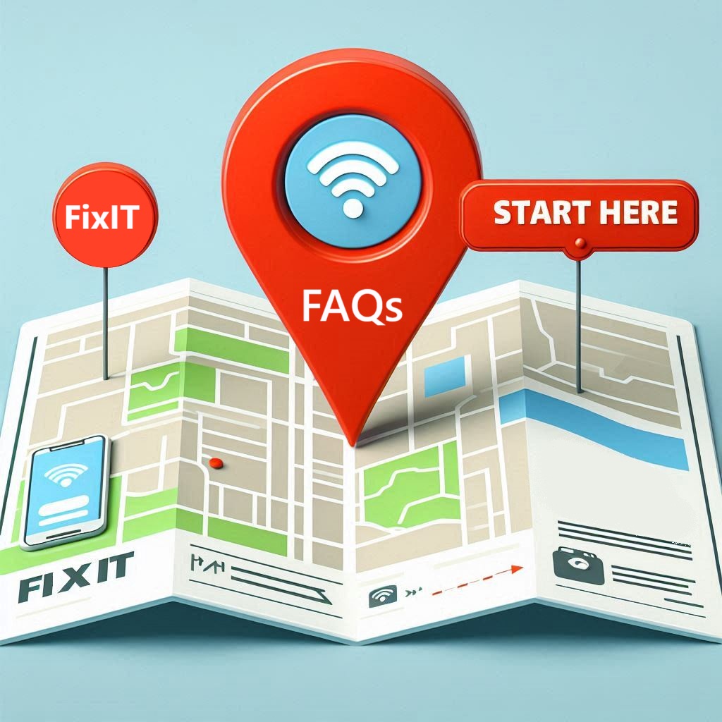 Bright red map pin labeled “Start Here” with the FixIT logo, surrounded by small tech icons like a laptop and Wi-Fi symbol.