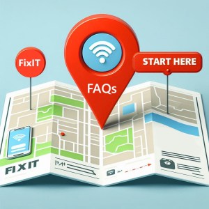 Bright red map pin labeled “Start Here” with the FixIT logo, surrounded by small tech icons like a laptop and Wi-Fi symbol.