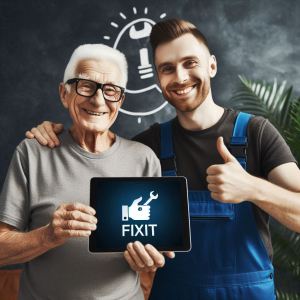 Senior proudly holds up tablet while tech guy high-fives him in celebration.