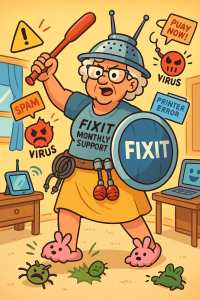 Elderly woman wearing a colander helmet, holding a bat and a FixIT shield, defending against scam pop-ups and computer viruses.
