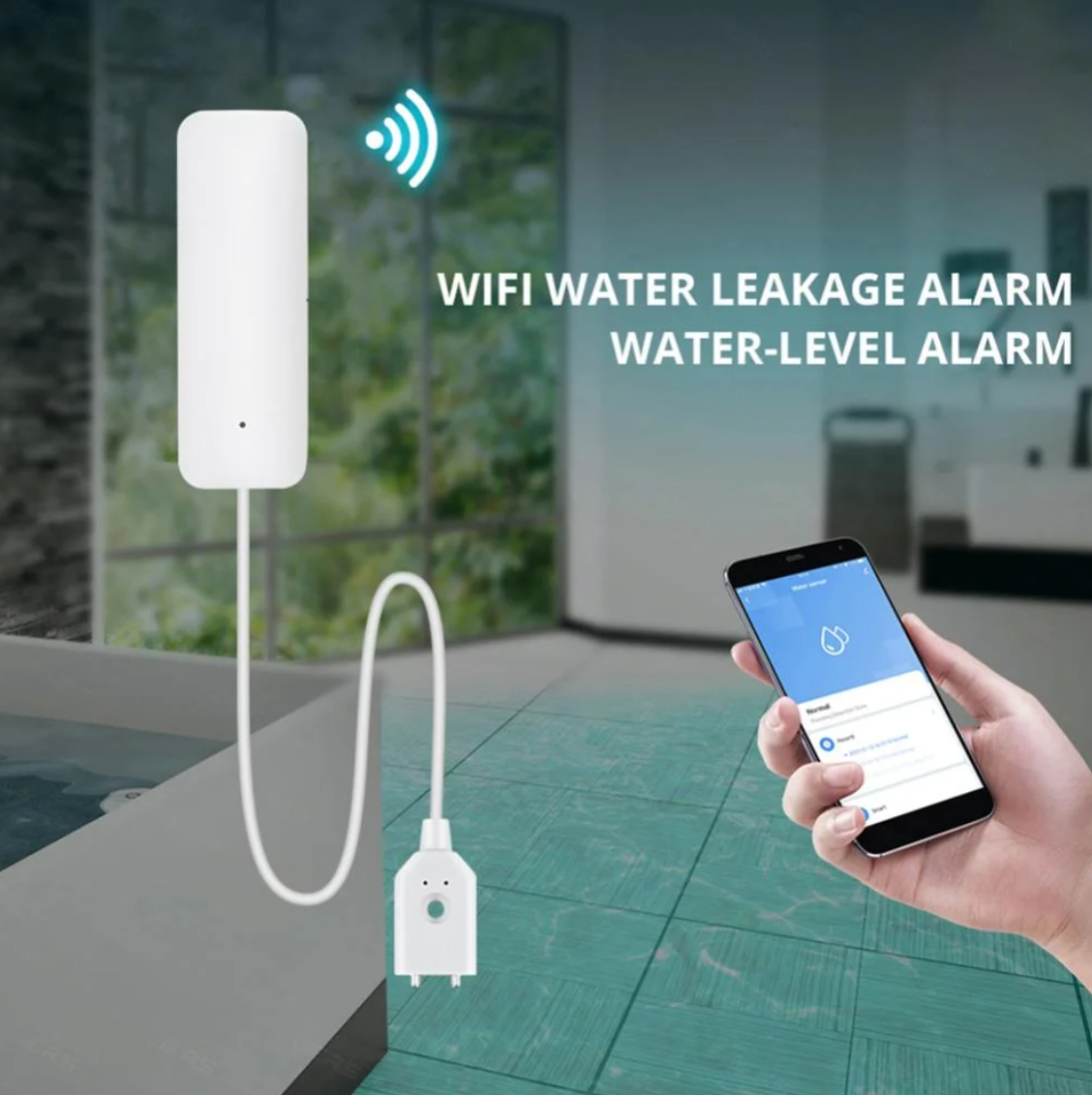 Smart water leak detection system installed in a residential utility room