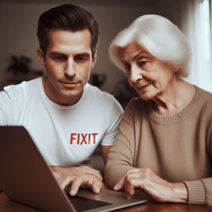 Friendly bookkeeper getting home tech support for her printer and files