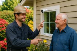 FixIT Computer & Tech walking a local Port Angeles homeowner through their new smart security system, with camera installation visible.