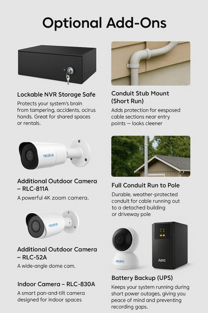 Optional home security add-ons including conduit, NVR safe, and indoor/outdoor cameras with battery backup