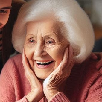 Senior smiles in awe at recovered family photos while tech guy sits beside her.