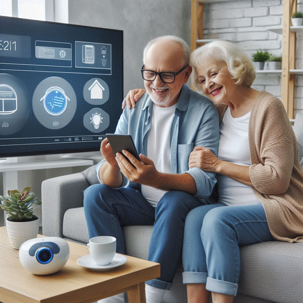 Senior couple smiling and using voice-activated smart home devices in their Port Angeles living room.