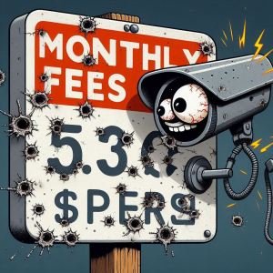 Cartoon of a security camera and 'Monthly Fees' sign riddled with bullet holes