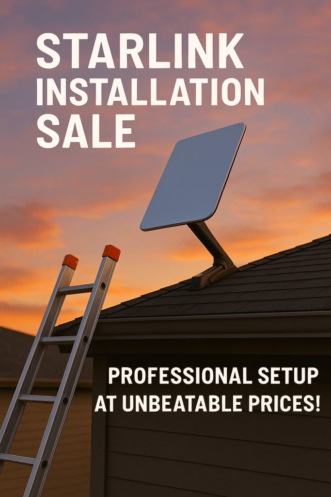 Starlink satellite dish installed on a roof at sunset in Port Angeles, Washington, with a ladder nearby.